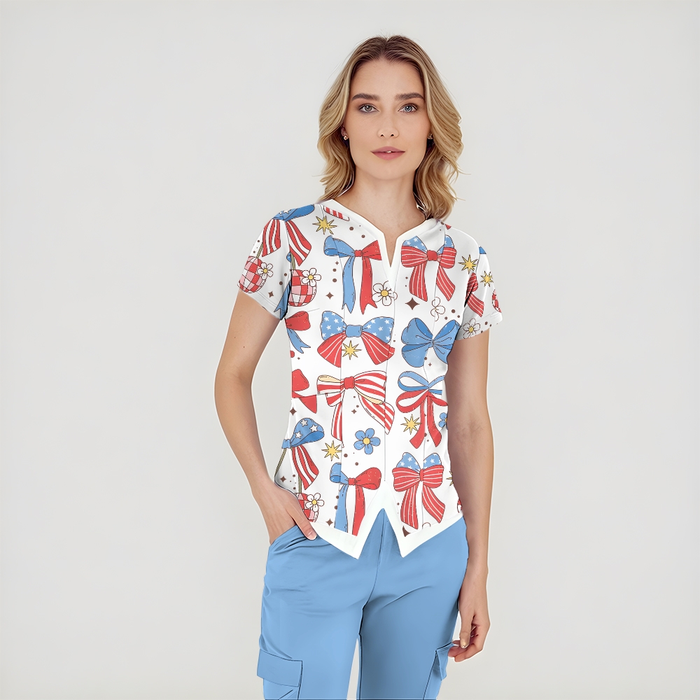 Women's Patriotic Bows Printed Scrub Set SA06