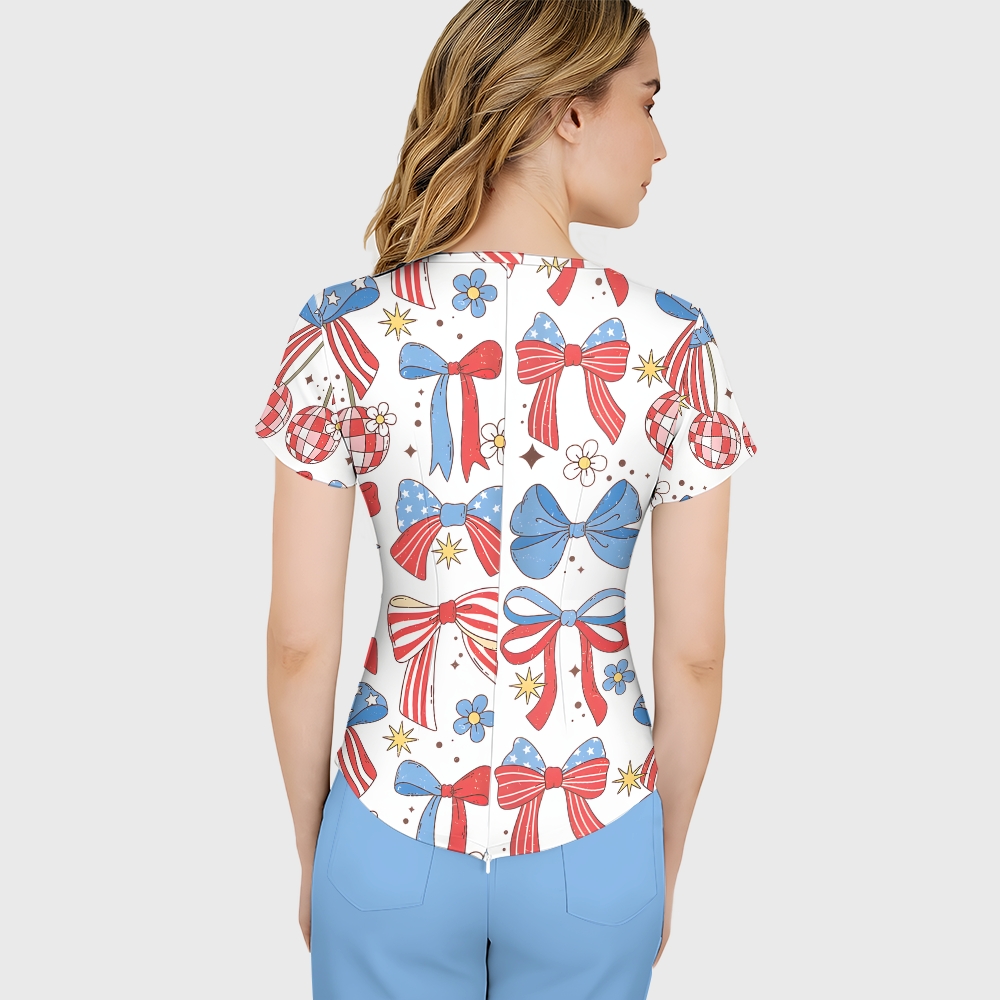Women's Patriotic Bows Printed Scrub Set SA06