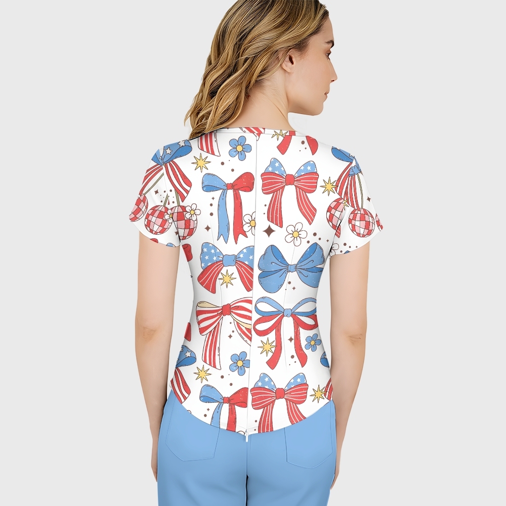 Women's Patriotic Bows Printed Scrub Set SA06