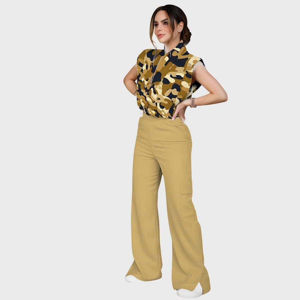 Women's Khaki Camouflage Printed Scrub Set ST864