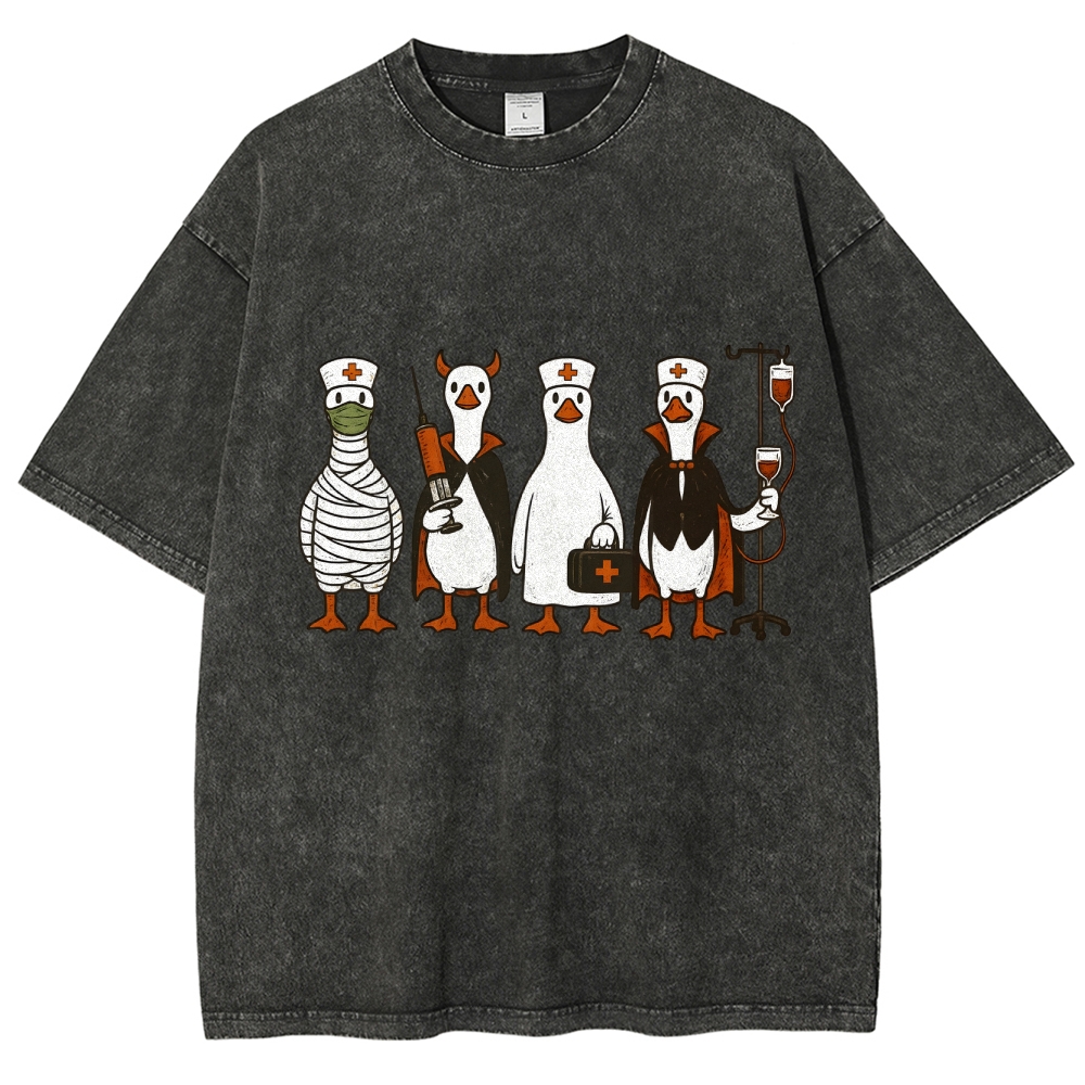 Funny Halloween Goose Nurse Washed Vintage T-shirt