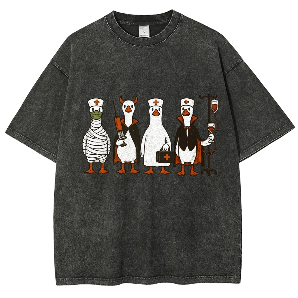 Funny Halloween Goose Nurse Washed Vintage T-shirt