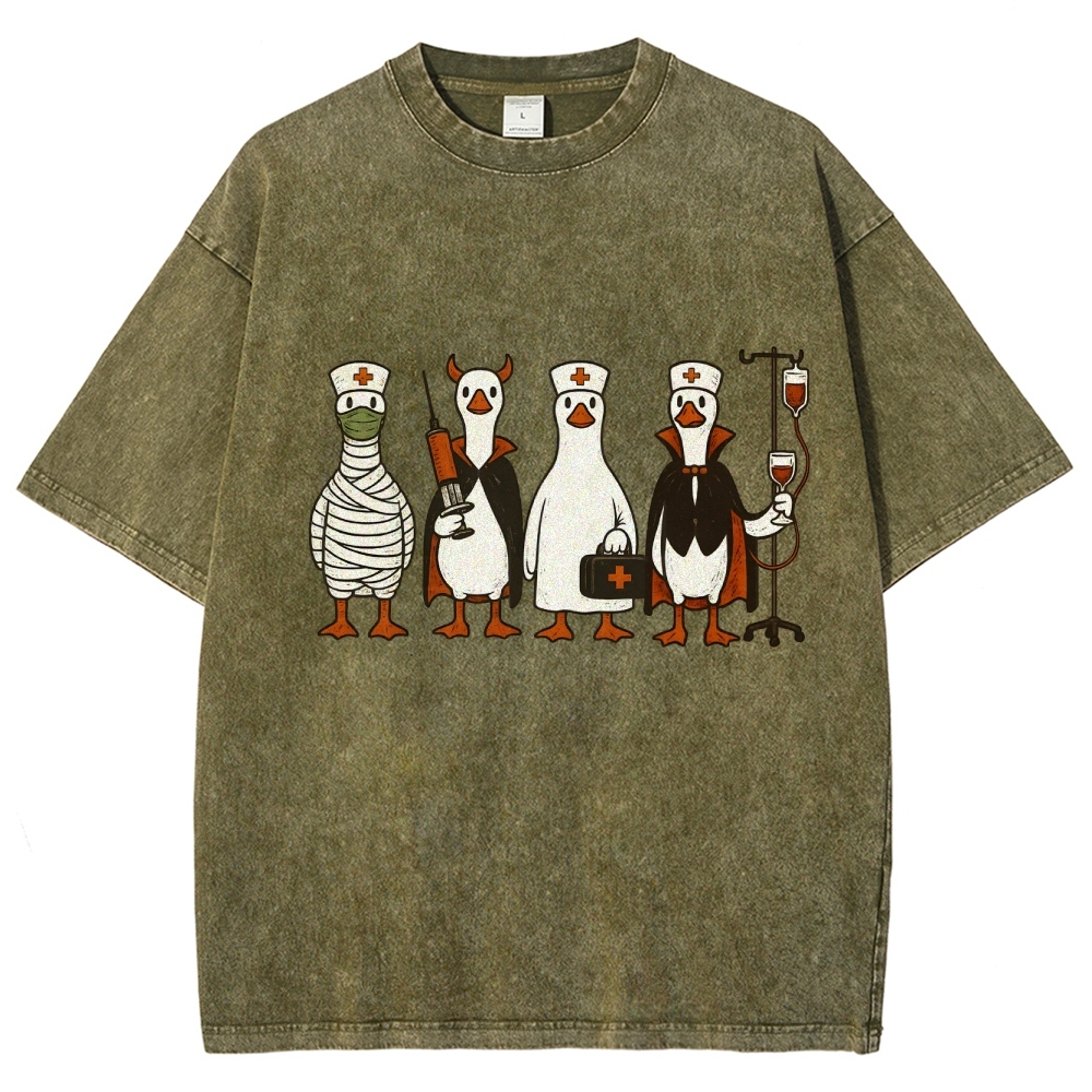Funny Halloween Goose Nurse Washed Vintage T-shirt