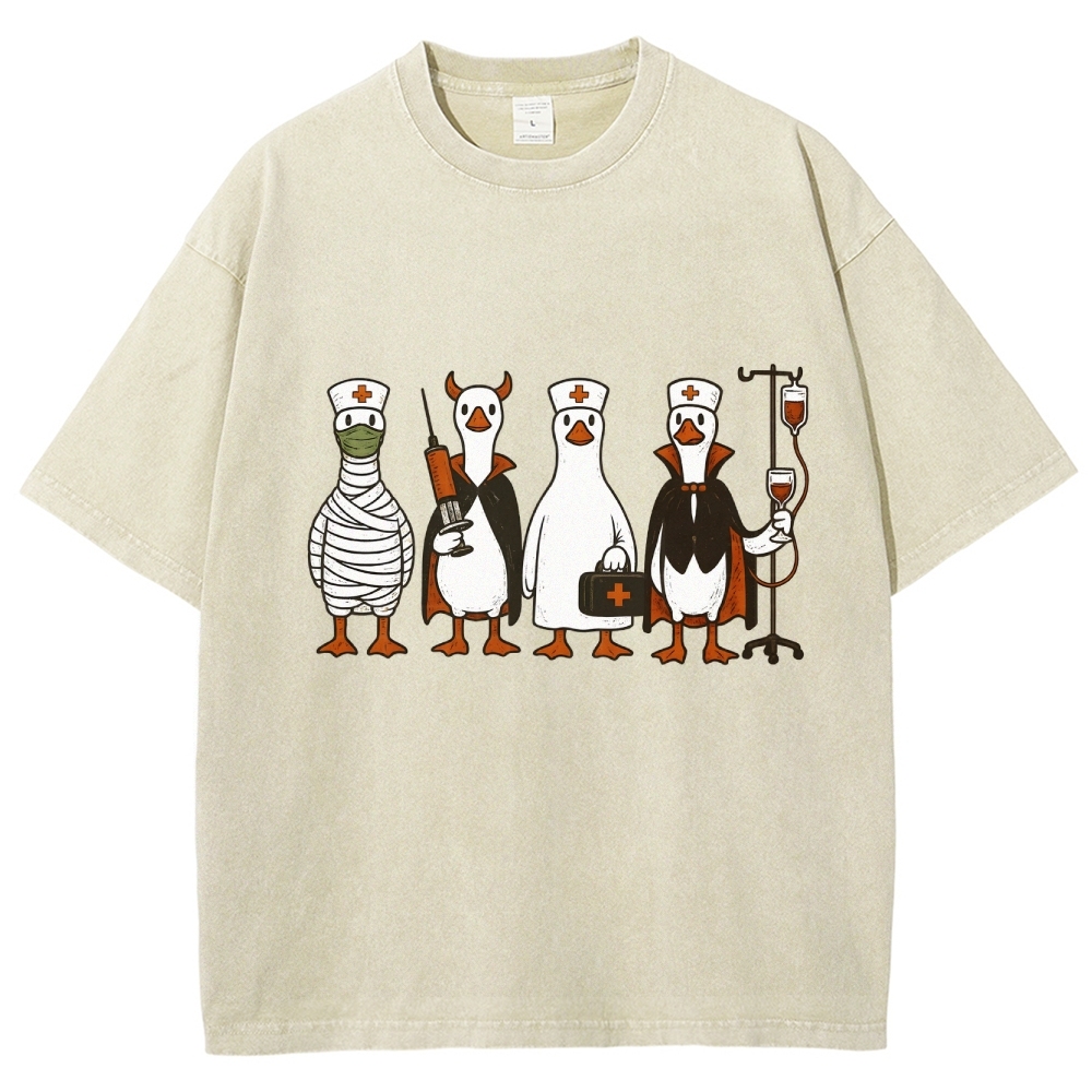 Funny Halloween Goose Nurse Washed Vintage T-shirt
