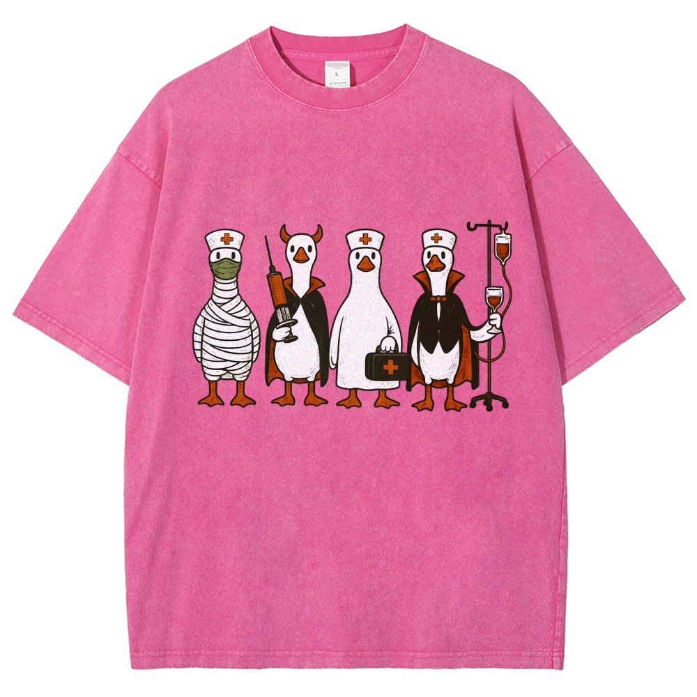 Funny Halloween Goose Nurse Washed Vintage T-shirt