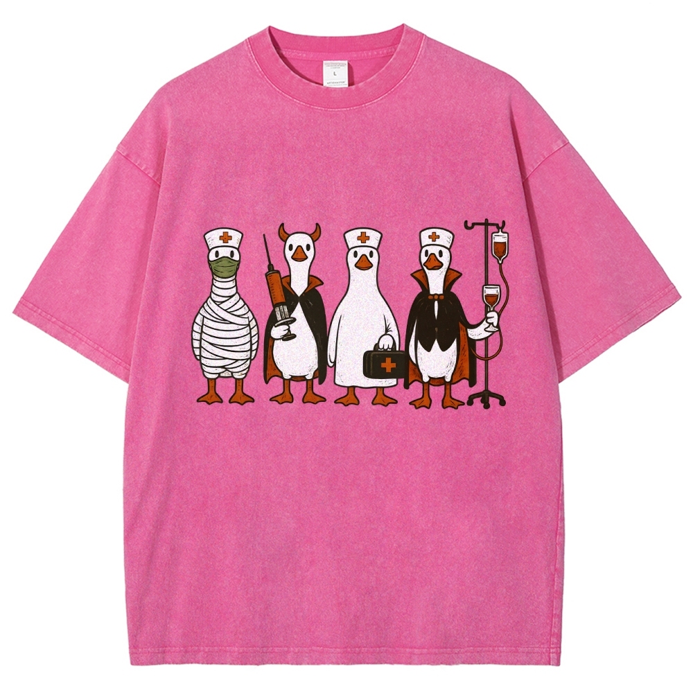 Funny Halloween Goose Nurse Washed Vintage T-shirt