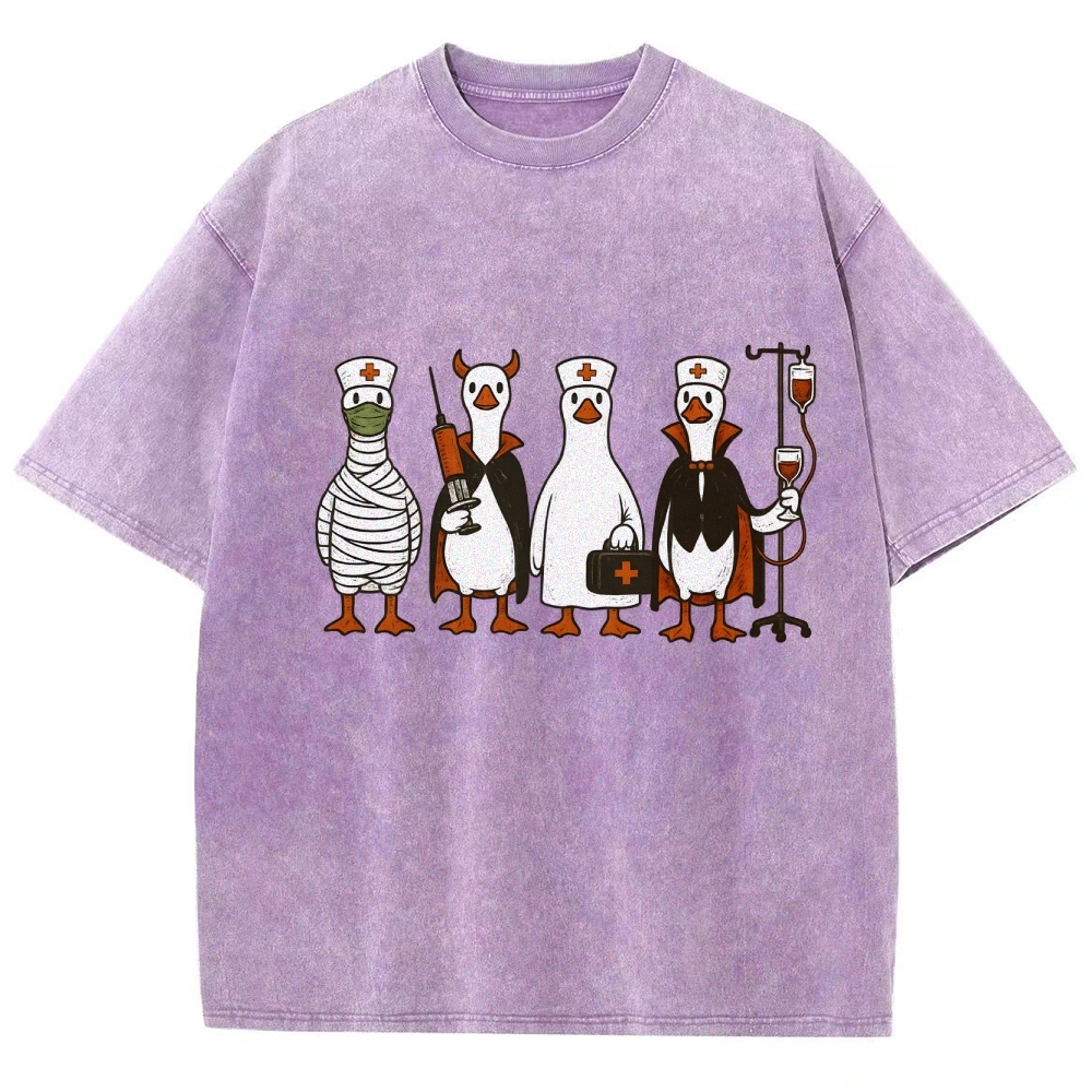 Funny Halloween Goose Nurse Washed Vintage T-shirt