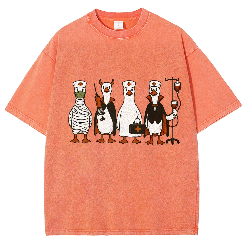 Funny Halloween Goose Nurse Washed Vintage T-shirt
