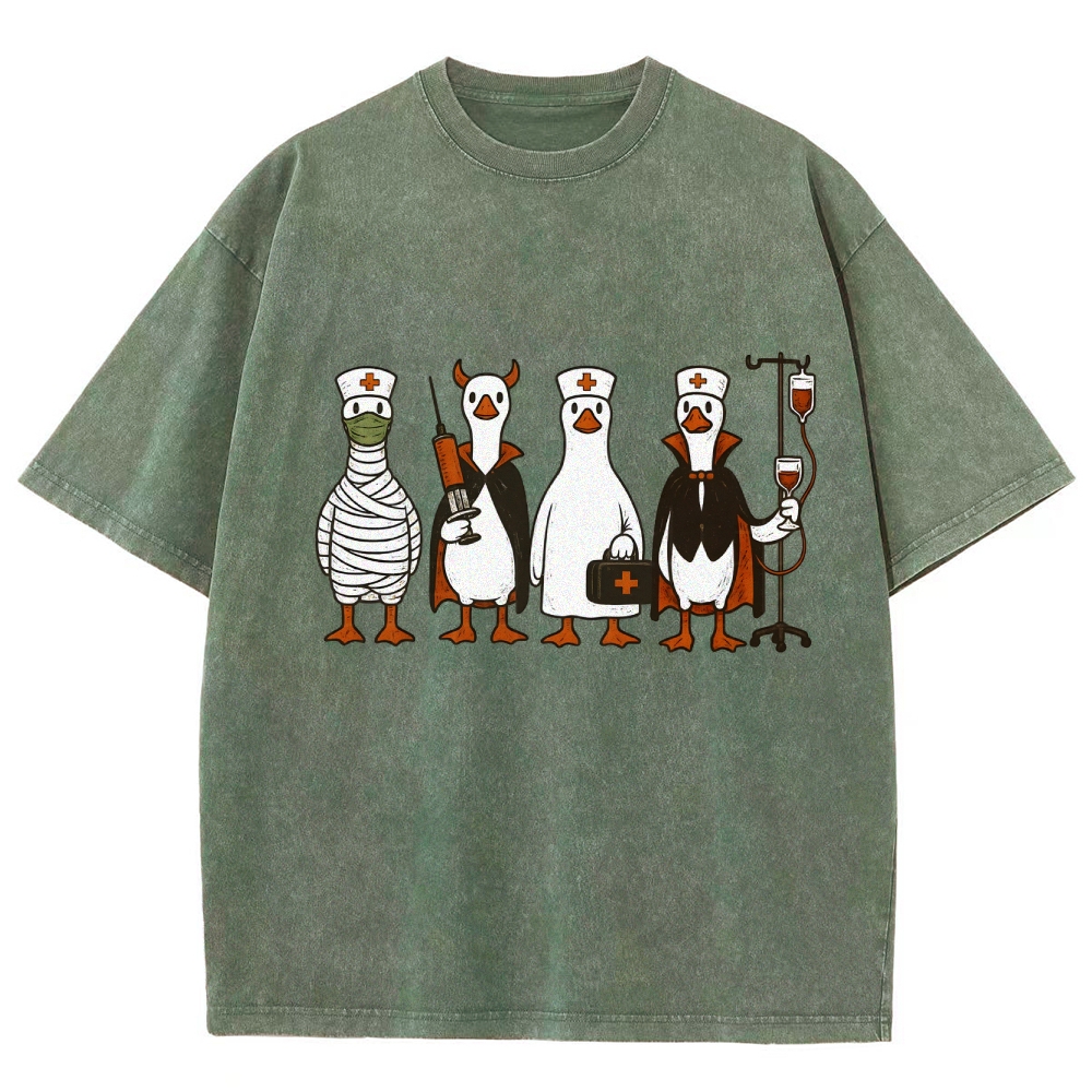 Funny Halloween Goose Nurse Washed Vintage T-shirt