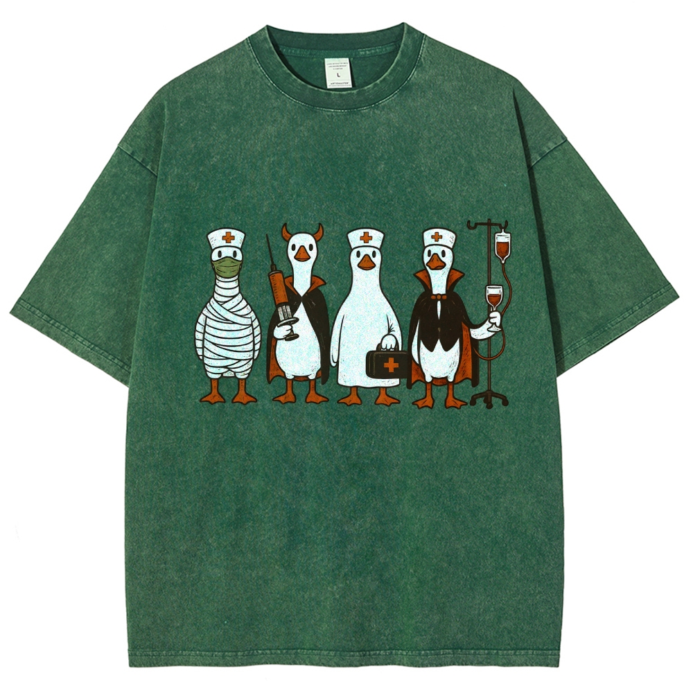 Funny Halloween Goose Nurse Washed Vintage T-shirt