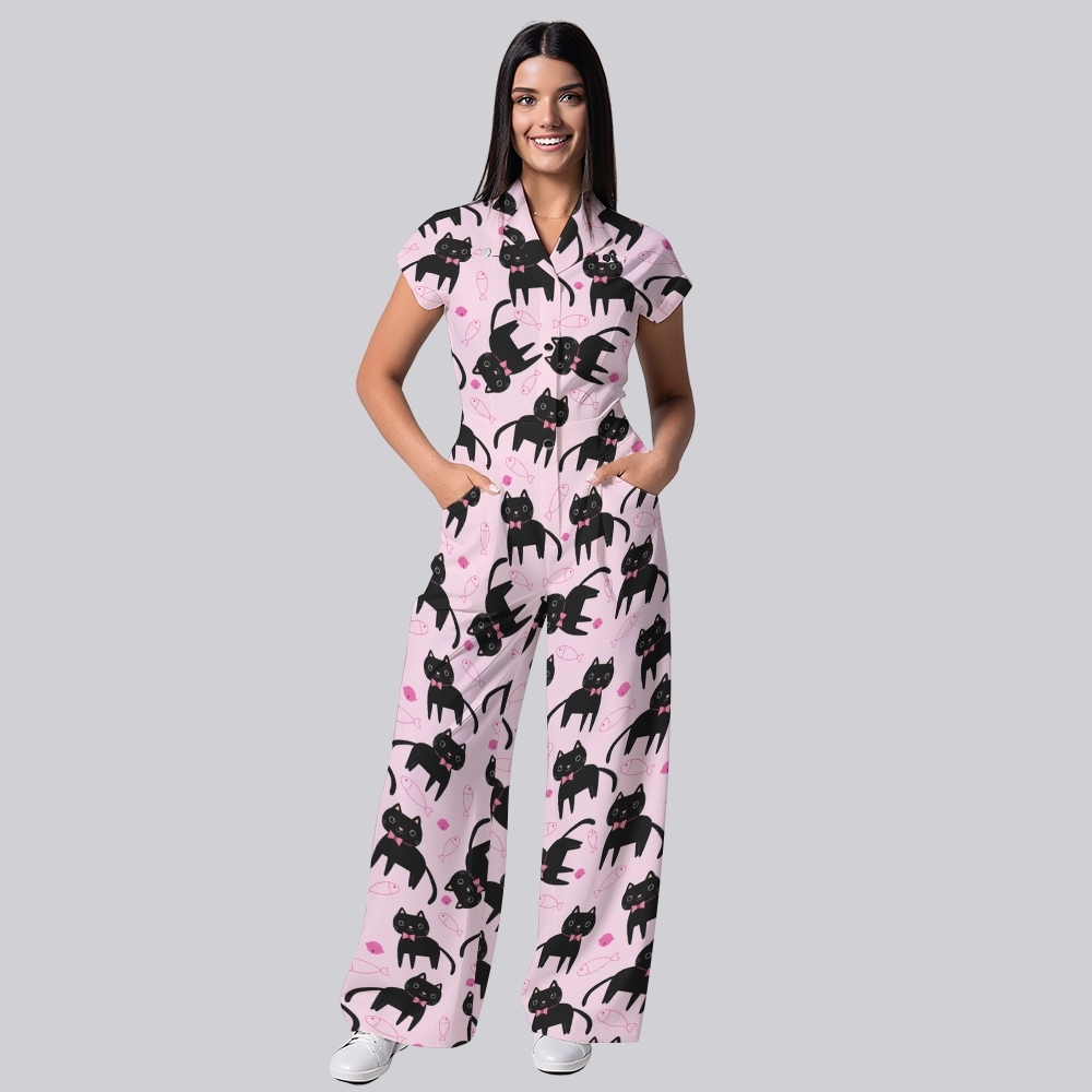 Women's Wide Leg Cat with Fish Print Scrub Jumpsuit