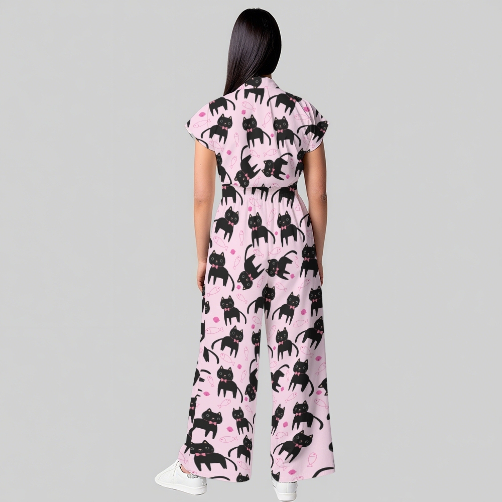 Women's Wide Leg Cat with Fish Print Scrub Jumpsuit