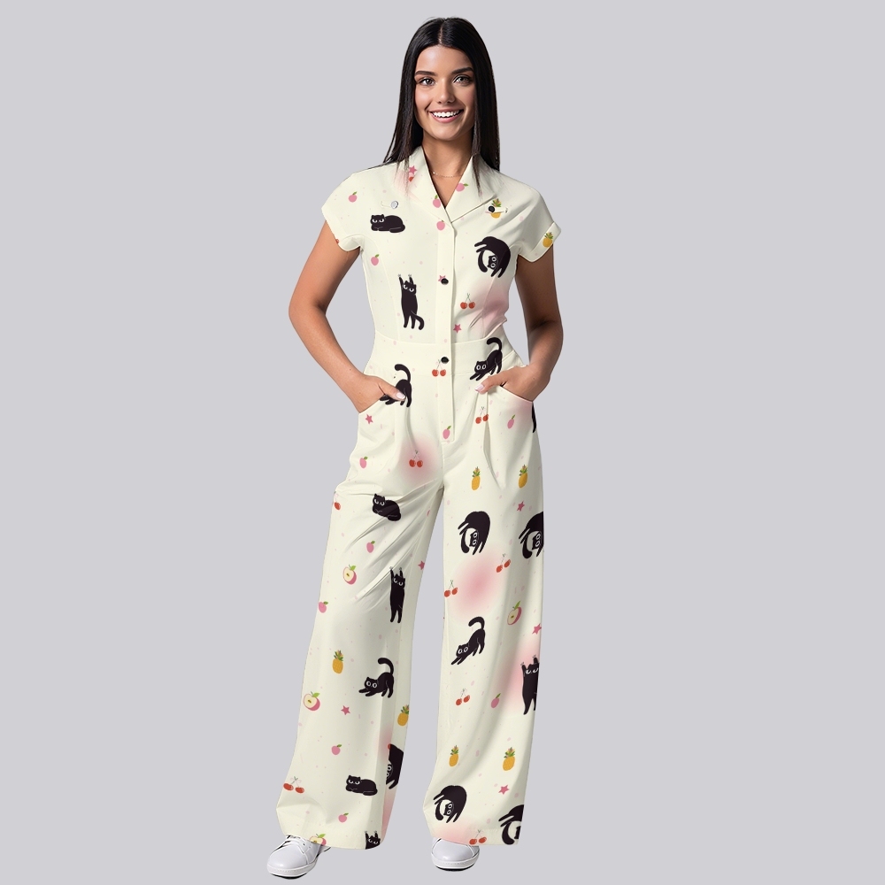 Women's Wide Leg Black Cats Print Scrub Jumpsuit
