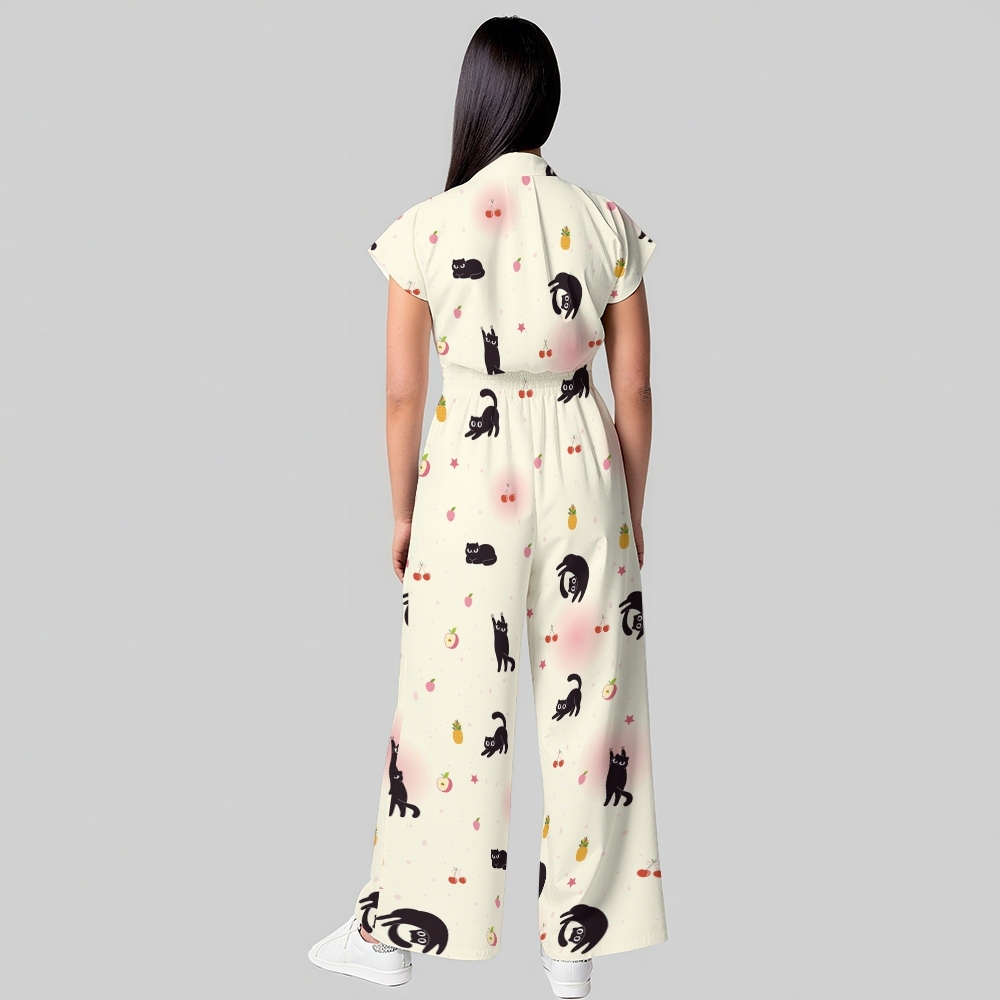 Women's Wide Leg Black Cats Print Scrub Jumpsuit