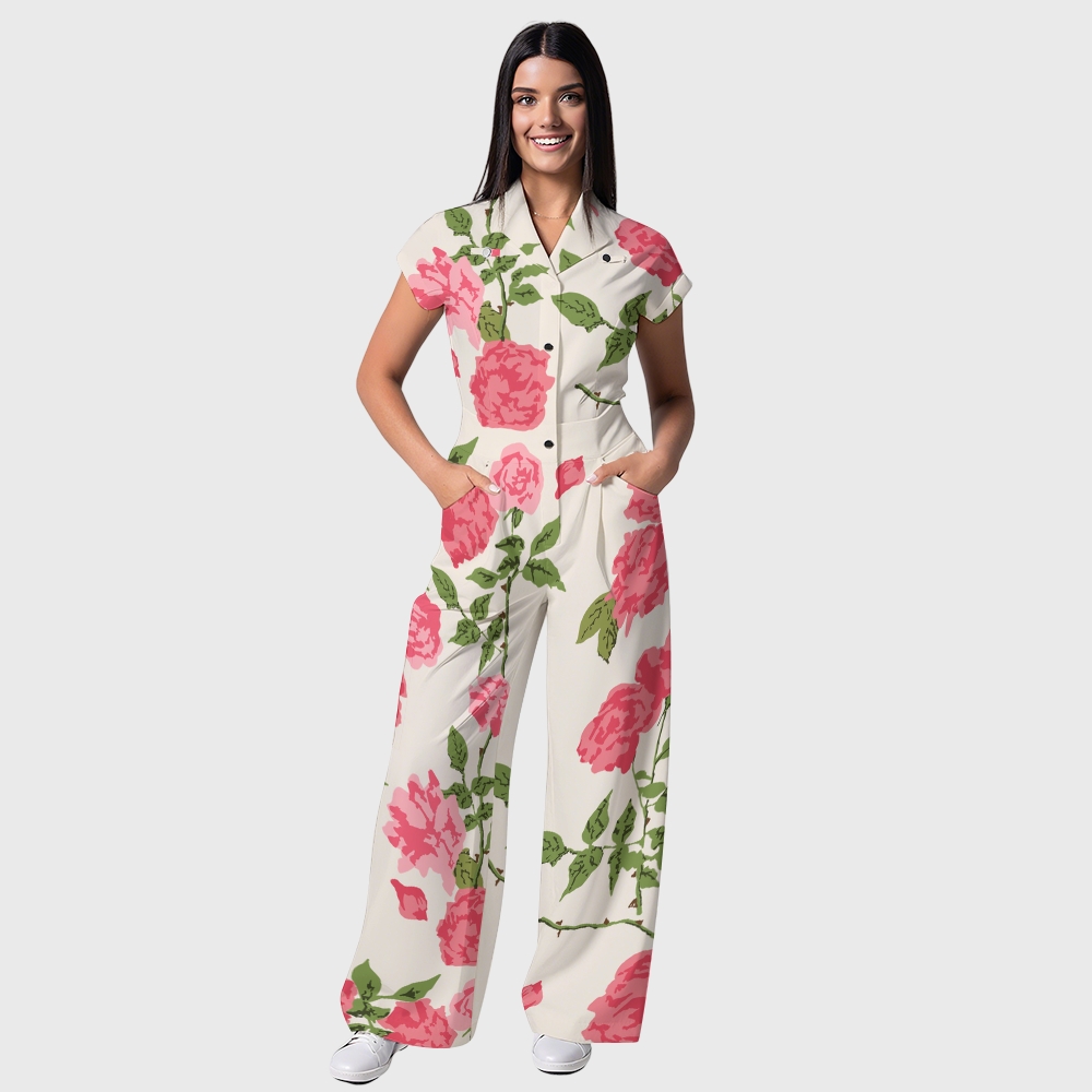 Women's Pink Flowers Printed Wide Leg Scrub Jumpsuit