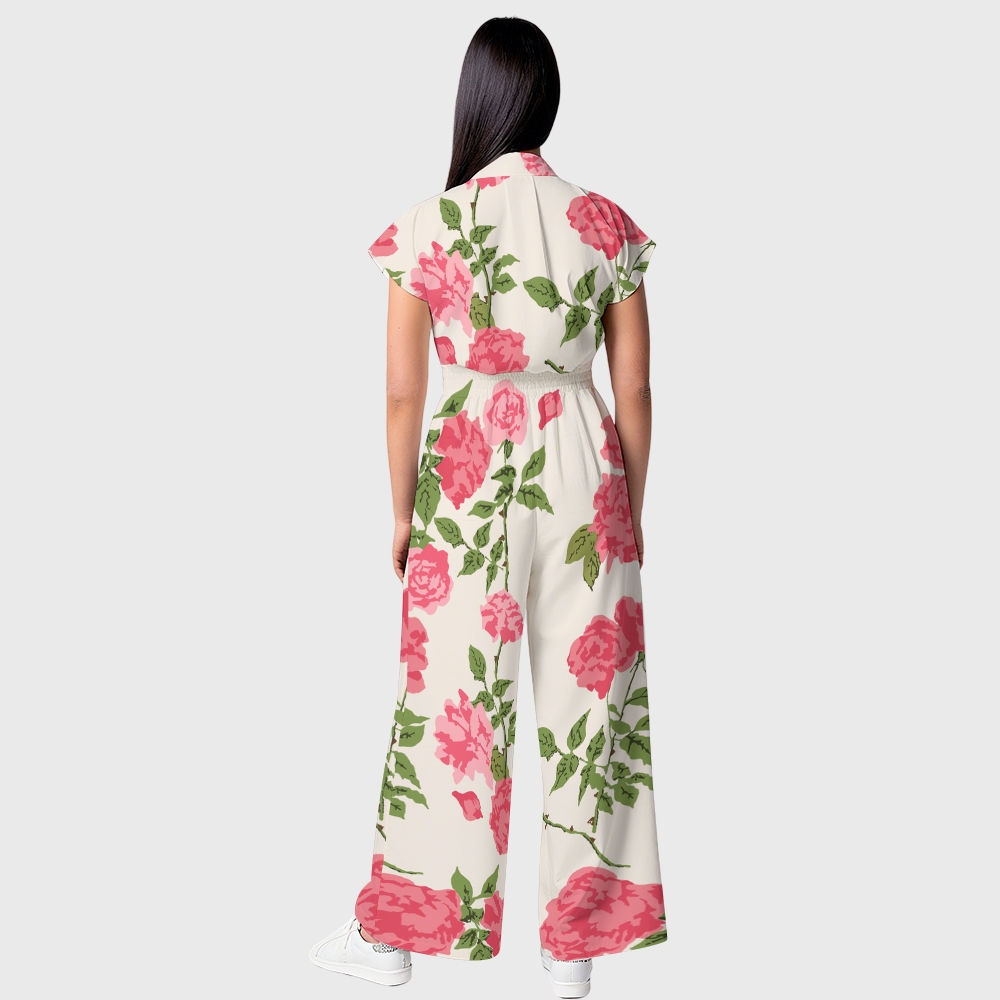 Women's Pink Flowers Printed Wide Leg Scrub Jumpsuit