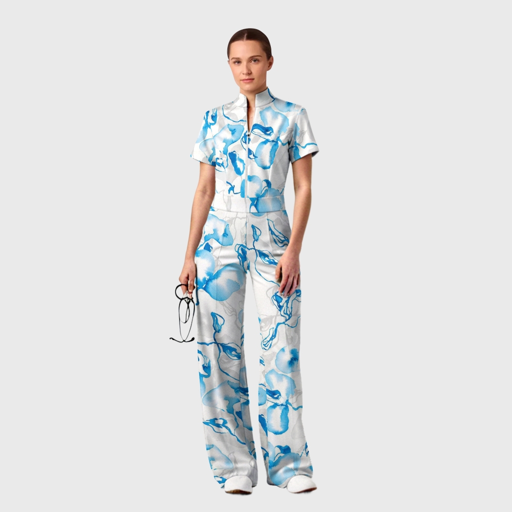 Women's Zip Neck Wide Leg Blue Watercolor Print Scrub Jumpsuit