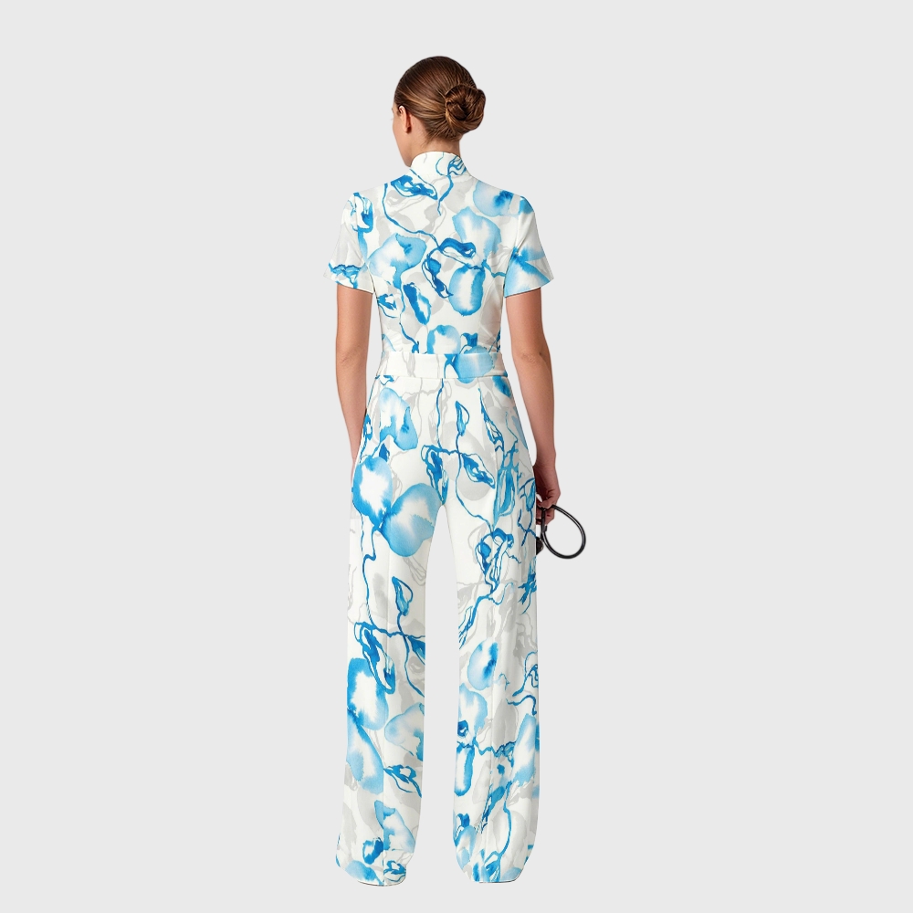 Women's Zip Neck Wide Leg Blue Watercolor Print Scrub Jumpsuit