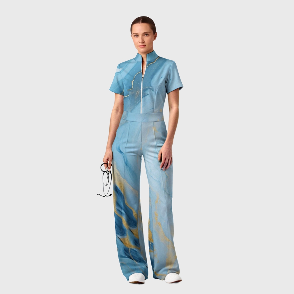Women's Wide Leg Zip Neck Blue Marble Printed Scrub Jumpsuit