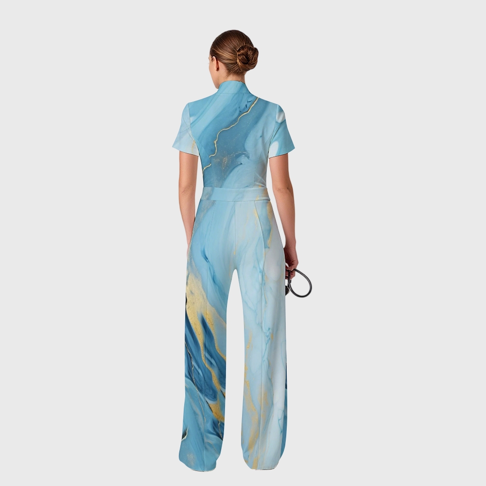 Women's Wide Leg Zip Neck Blue Marble Printed Scrub Jumpsuit