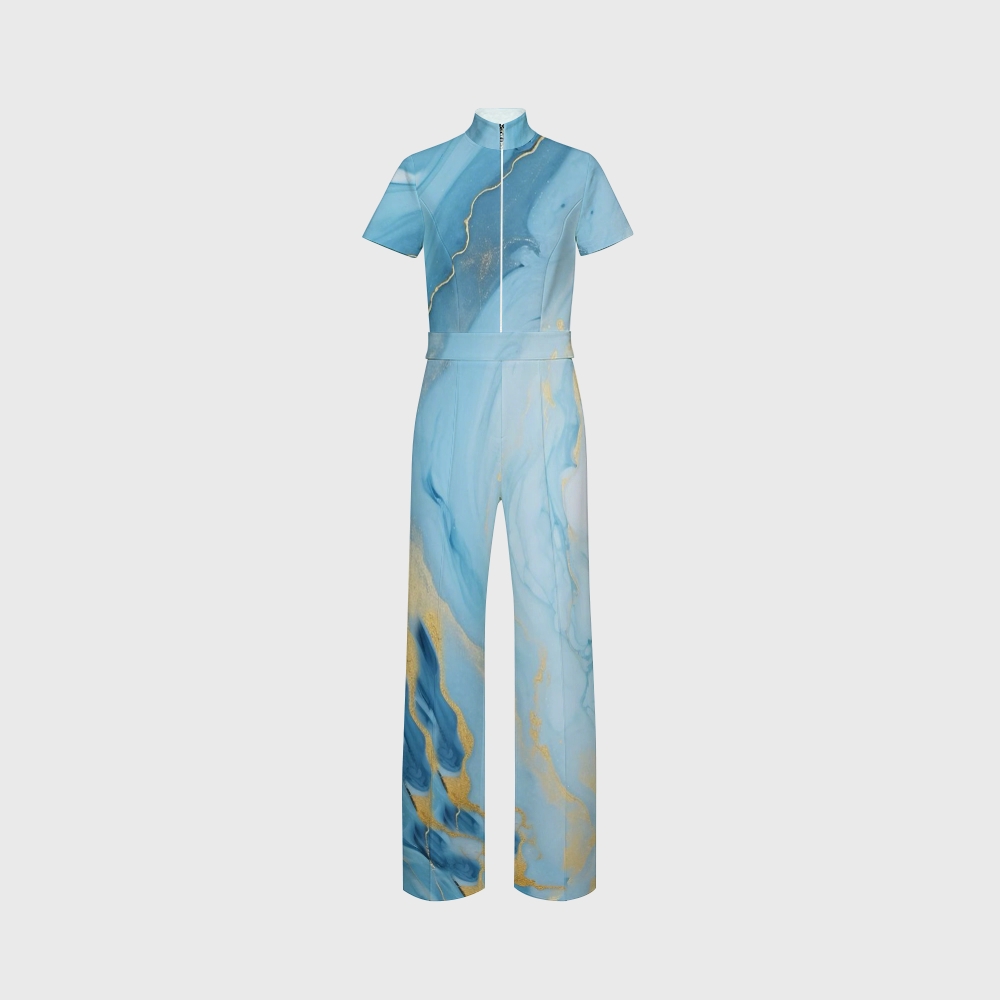 Women's Wide Leg Zip Neck Blue Marble Printed Scrub Jumpsuit