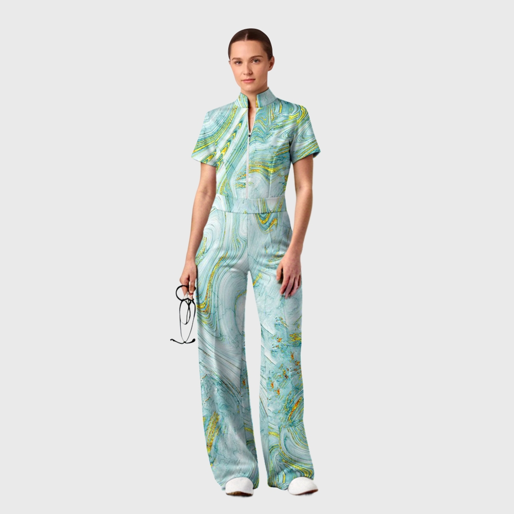 Women's Wide Leg Zip Neck Green Marble Printed Scrub Jumpsuit