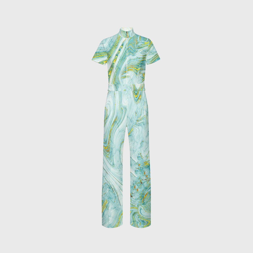 Women's Wide Leg Zip Neck Green Marble Printed Scrub Jumpsuit