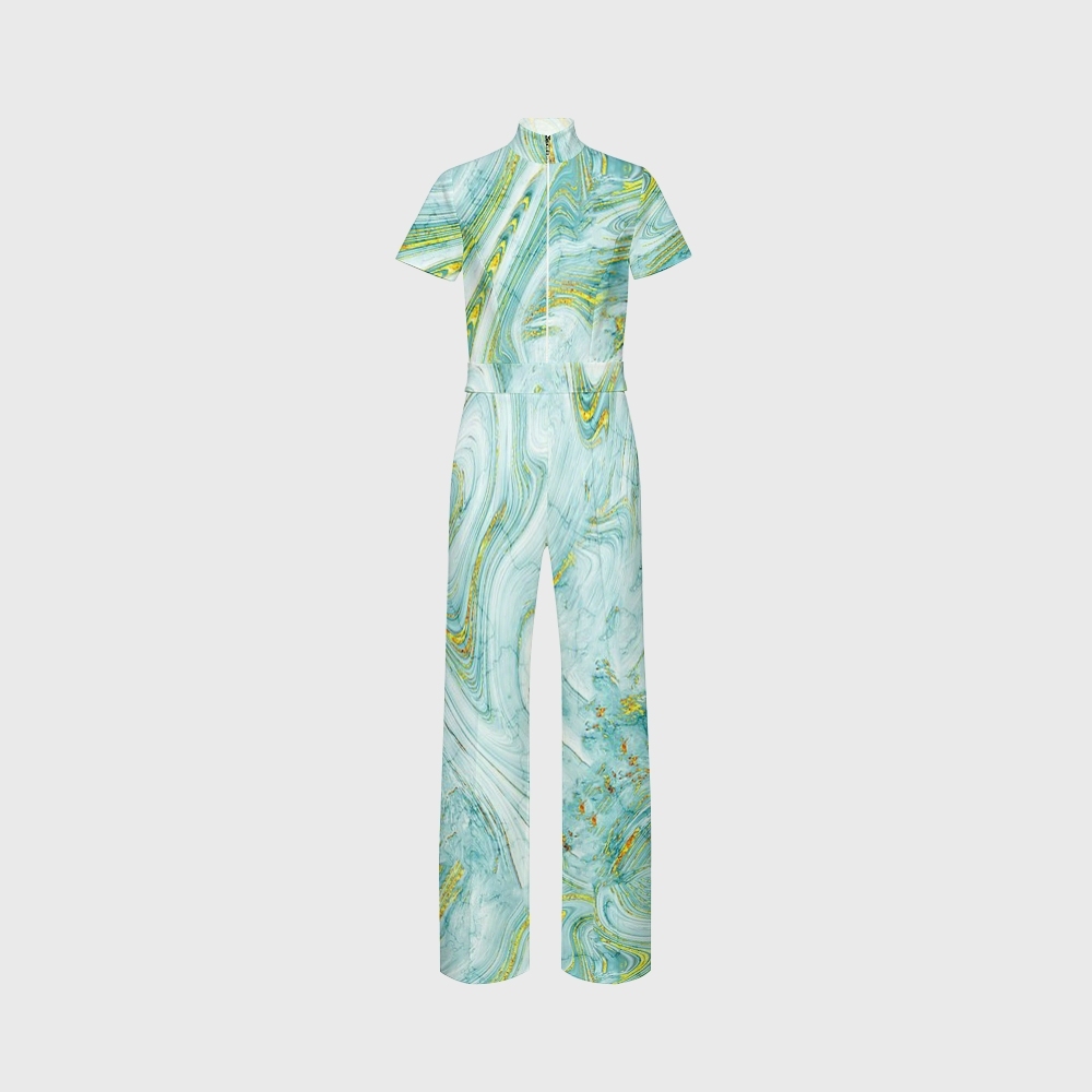 Women's Wide Leg Zip Neck Green Marble Printed Scrub Jumpsuit