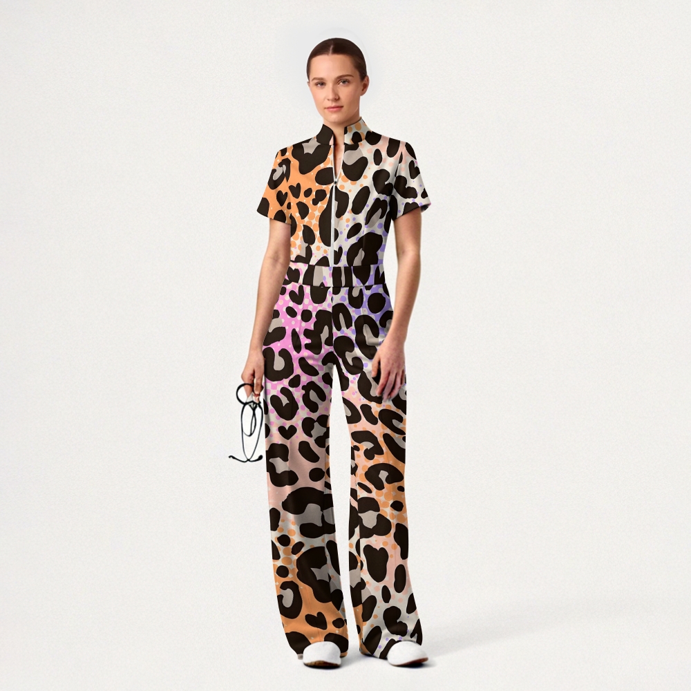 Women's Zip Neck Wide Leg Neon Leopard Printed Scrub Jumpsuit