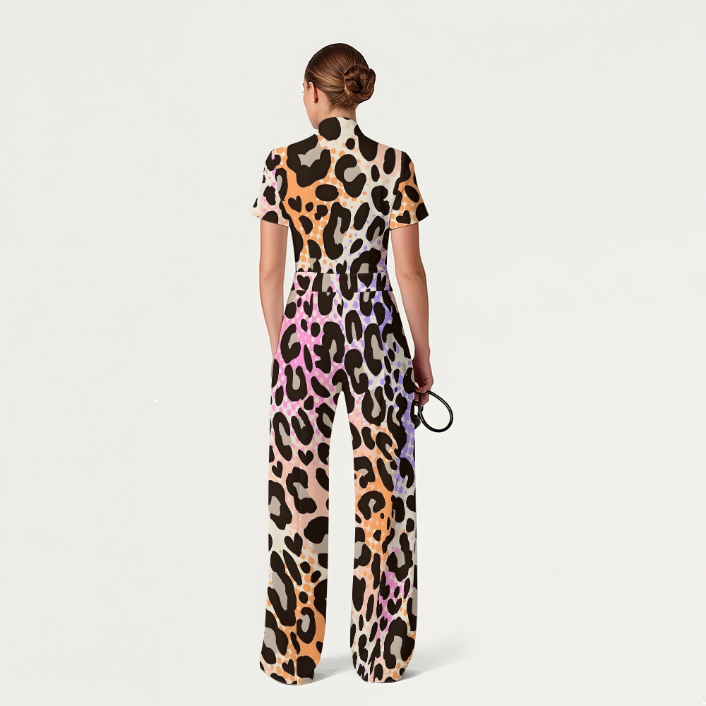 Women's Zip Neck Wide Leg Neon Leopard Printed Scrub Jumpsuit