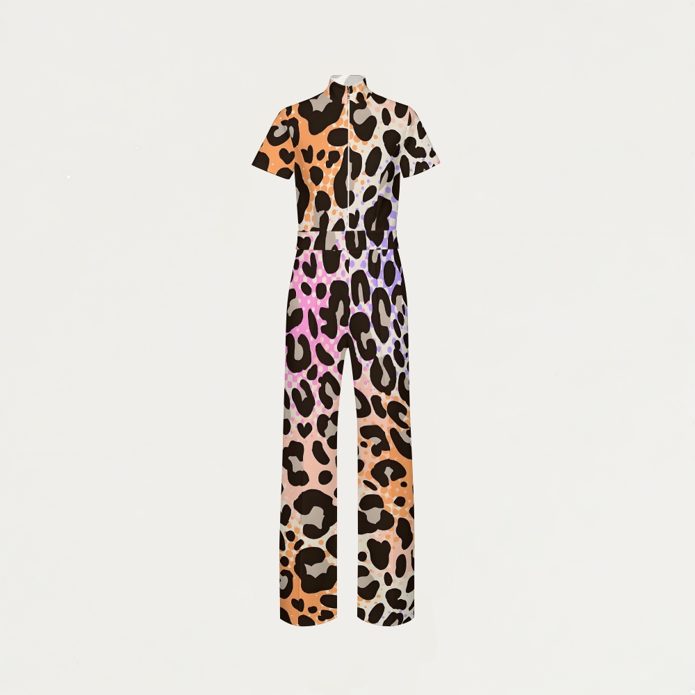 Women's Zip Neck Wide Leg Neon Leopard Printed Scrub Jumpsuit