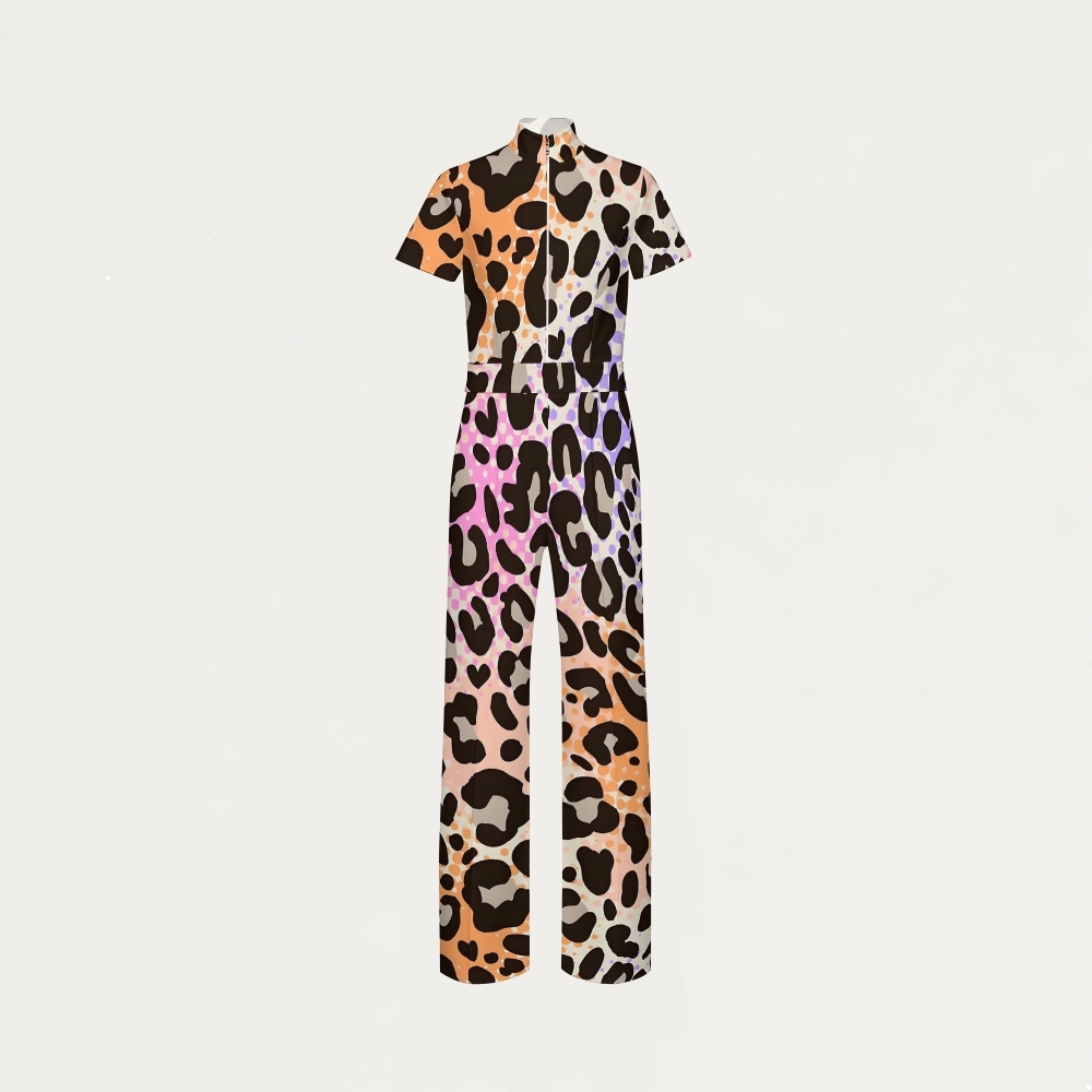 Women's Zip Neck Wide Leg Neon Leopard Printed Scrub Jumpsuit