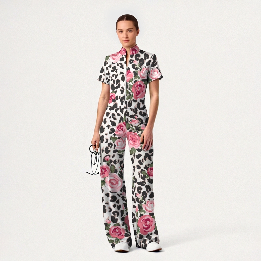 Women's Zip Neck Wide Leg Leopard Floral Print Scrub Jumpsuit