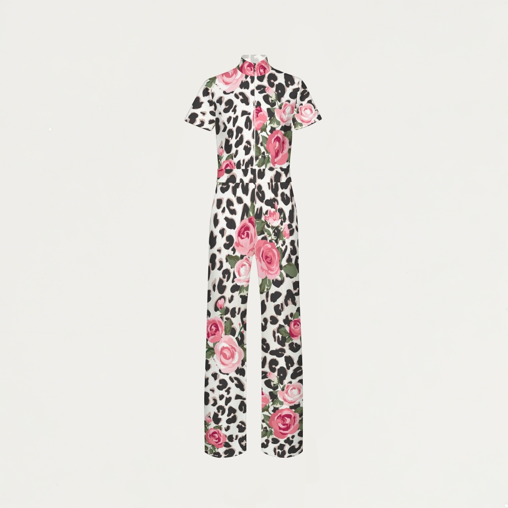 Women's Zip Neck Wide Leg Leopard Floral Print Scrub Jumpsuit