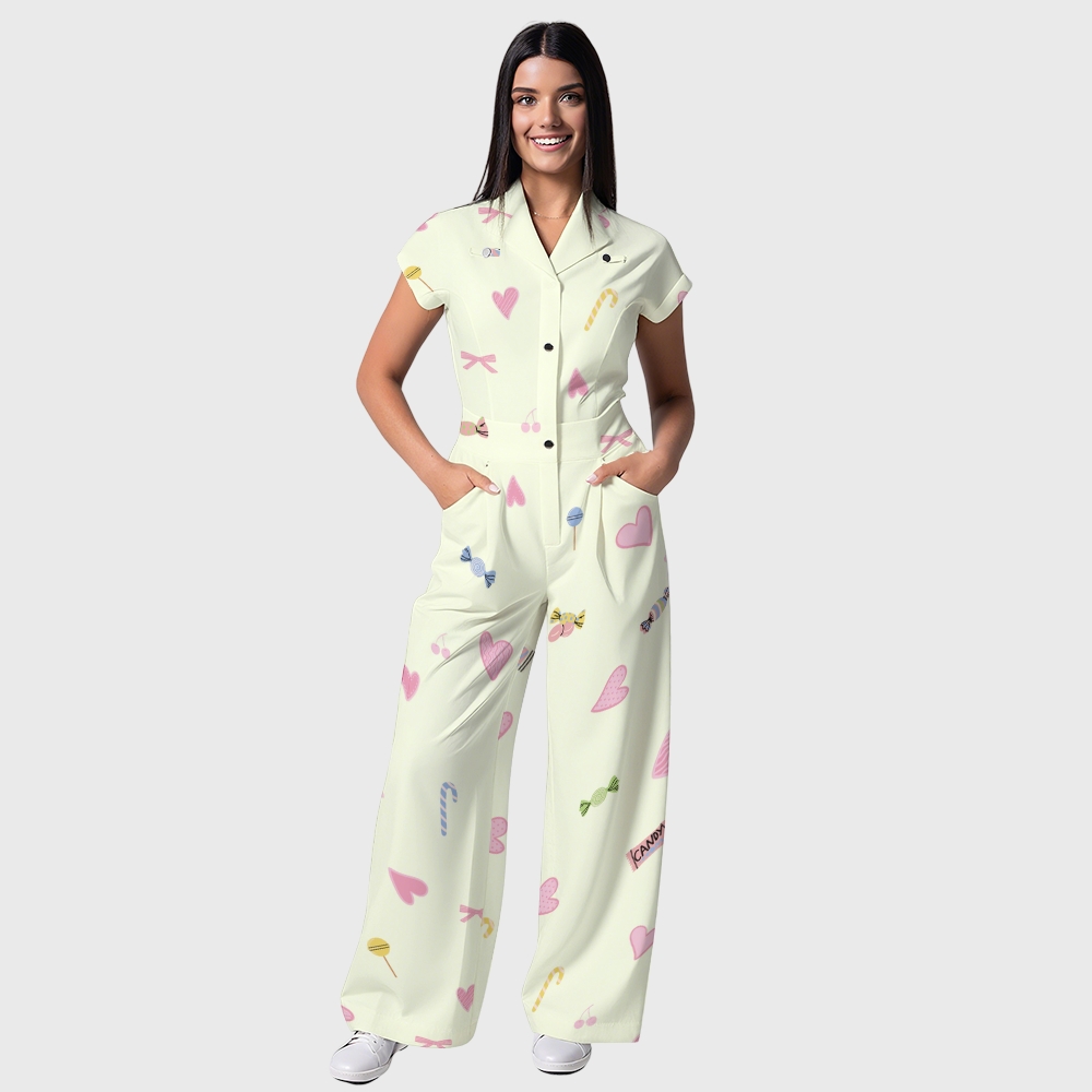 Women's Colorful Heart Pattern Print Wide-Leg Scrub Jumpsuit JH01