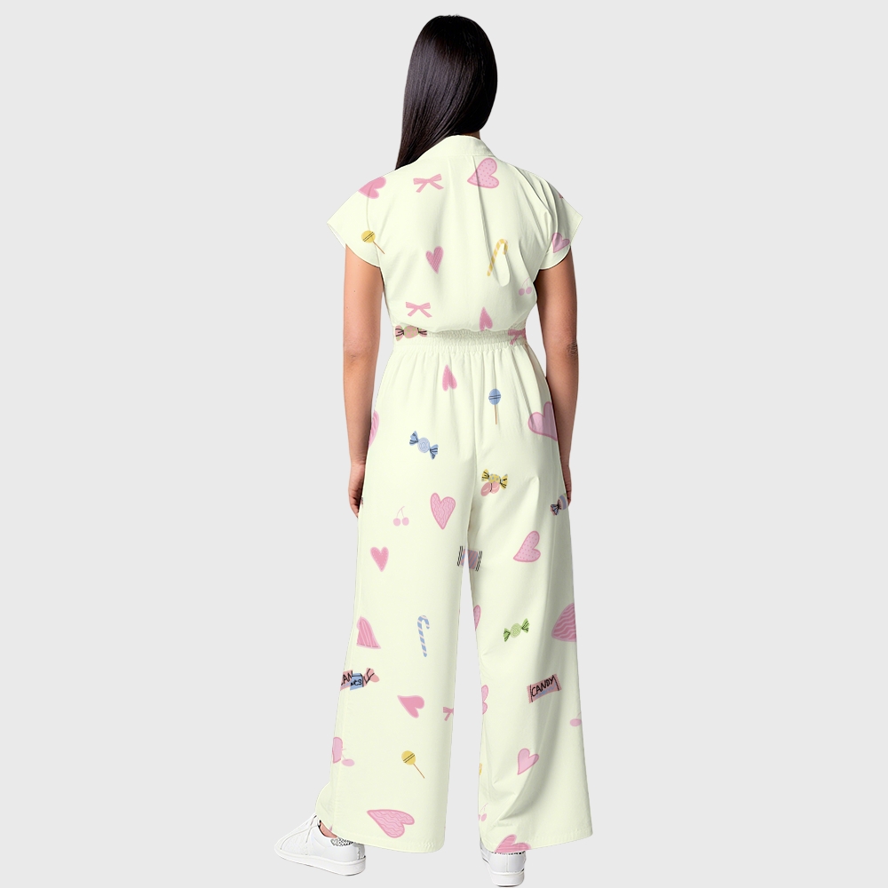 Women's Colorful Heart Pattern Print Wide-Leg Scrub Jumpsuit JH01