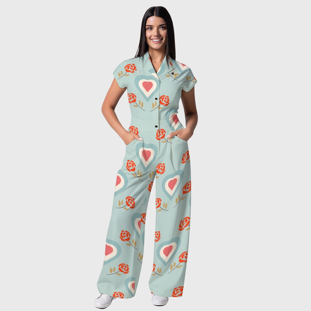 Women's Wide-Leg Heart Floral Printed Scrub Jumpsuit JH02