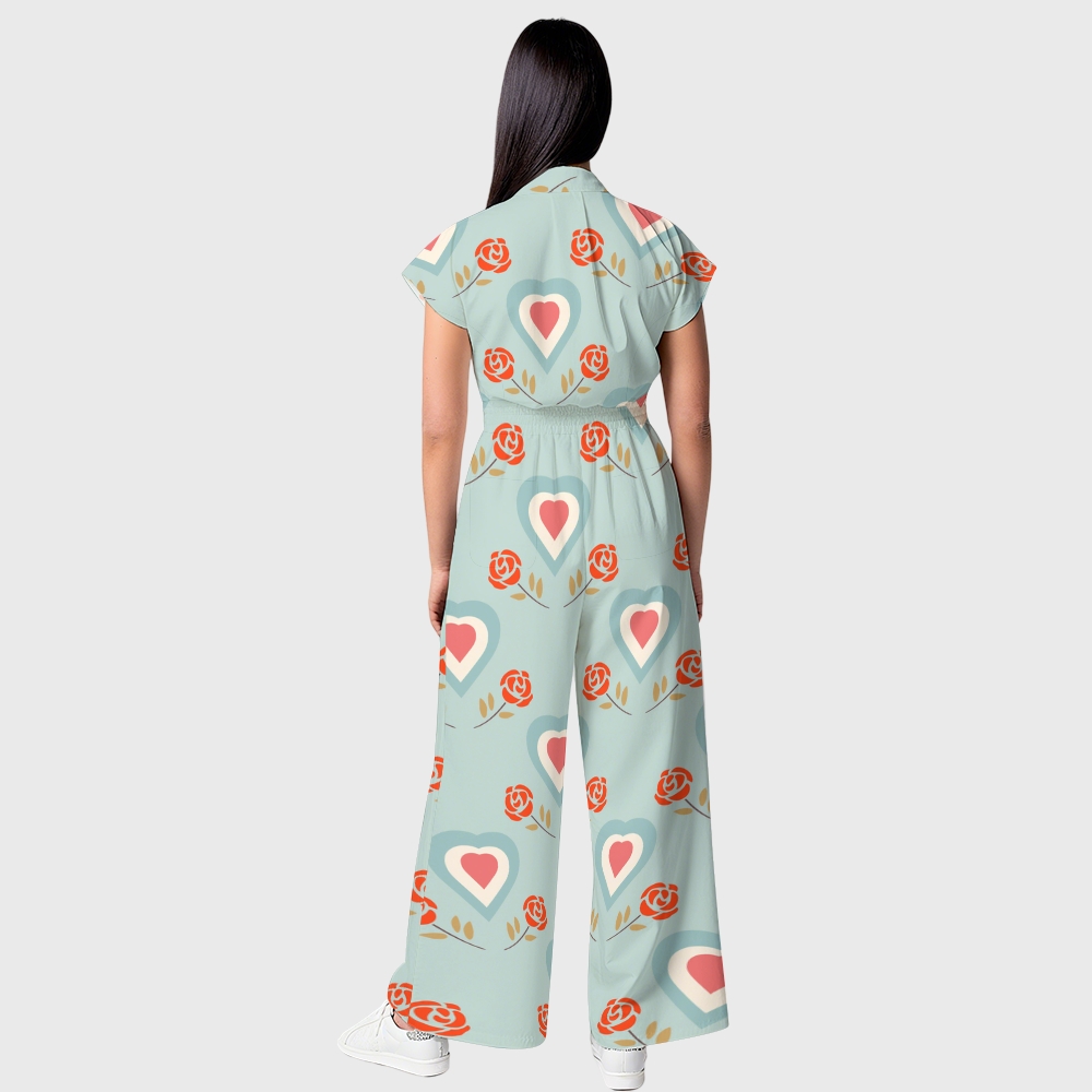 Women's Wide-Leg Heart Floral Printed Scrub Jumpsuit JH02