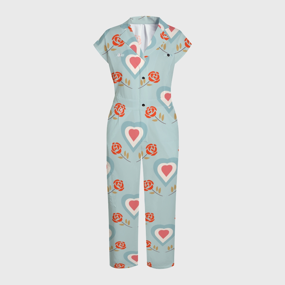 Women's Wide-Leg Heart Floral Printed Scrub Jumpsuit JH02