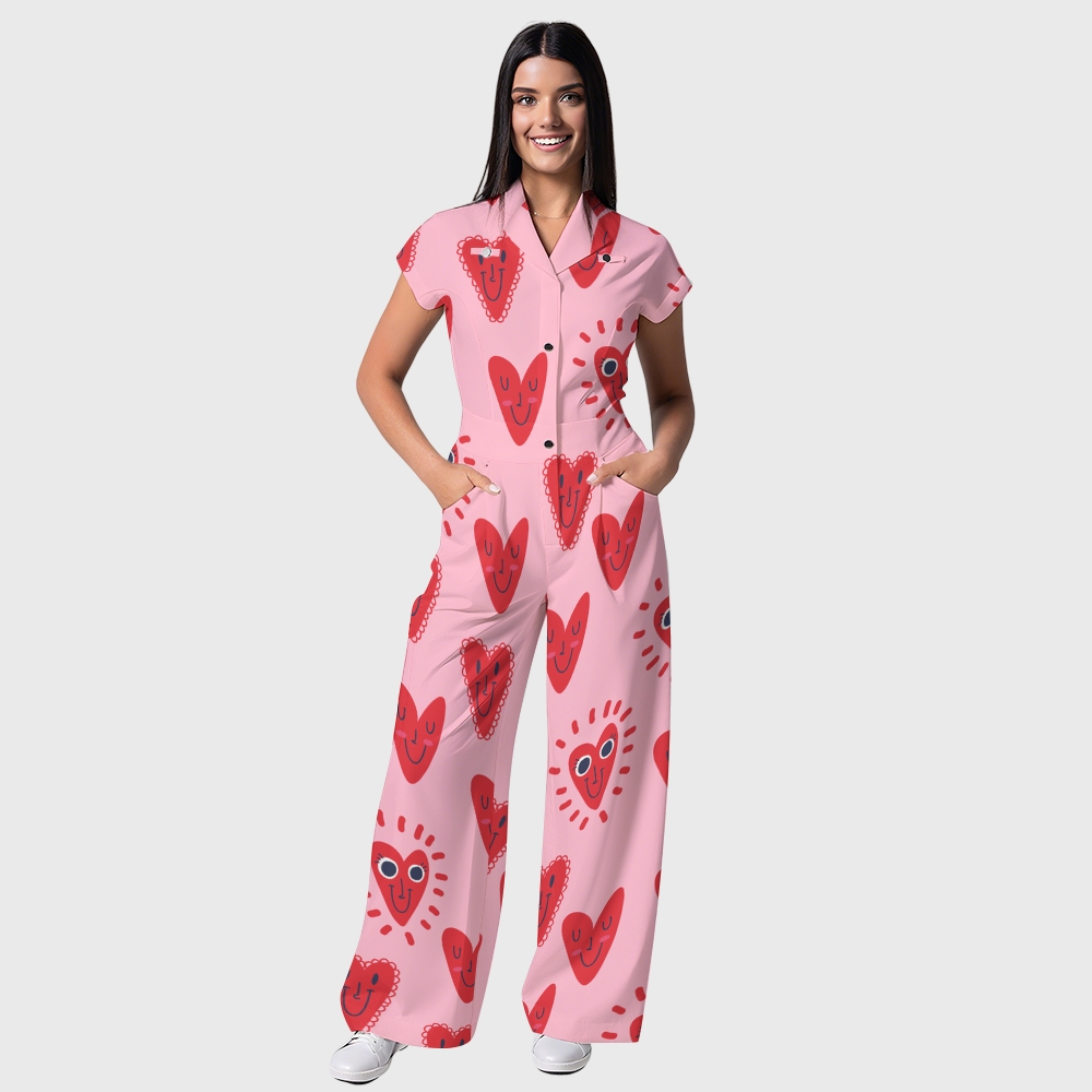 Women's Wide-Leg Smiling Heart Printed Scrub Jumpsuit JH03