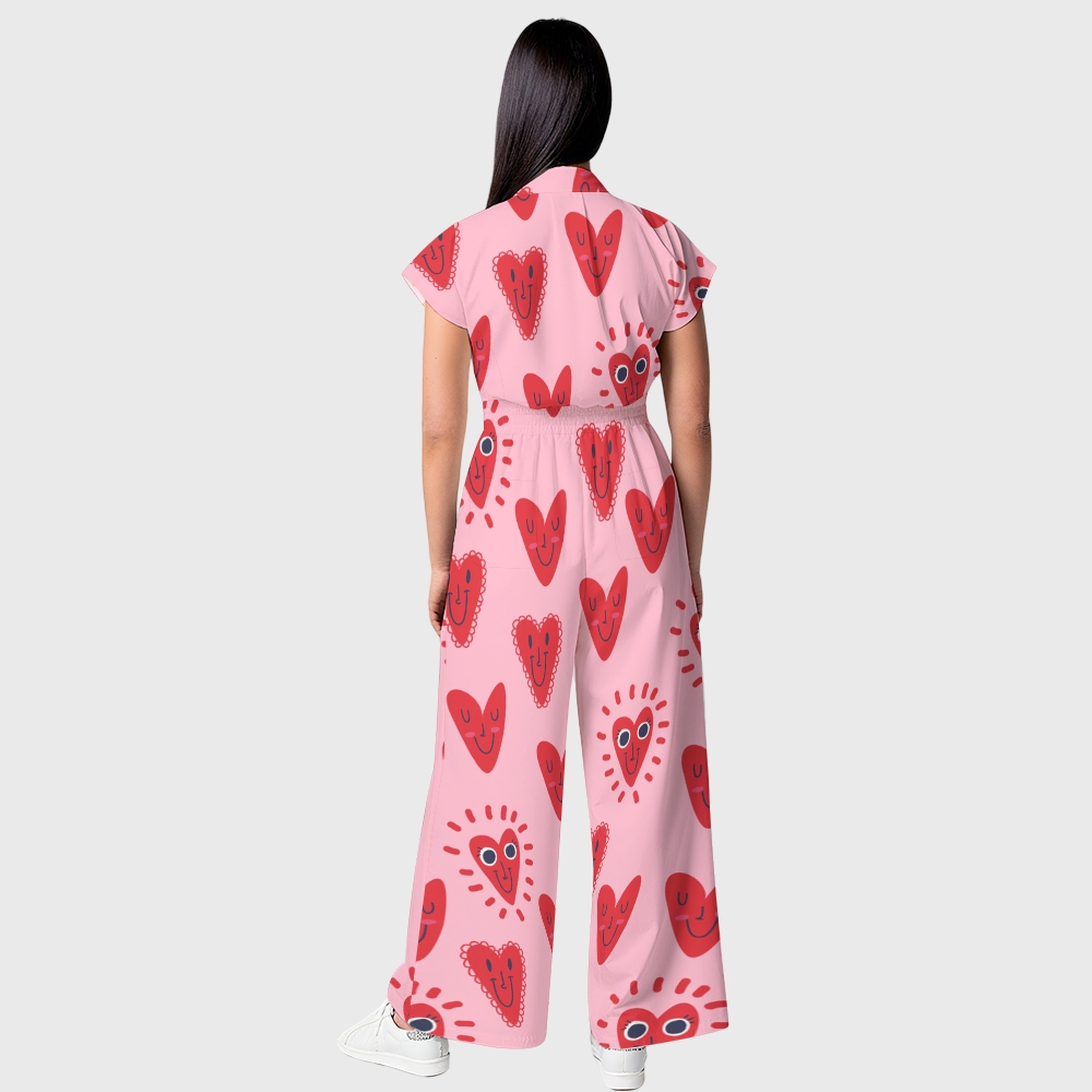 Women's Wide-Leg Smiling Heart Printed Scrub Jumpsuit JH03