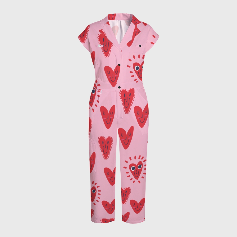 Women's Wide-Leg Smiling Heart Printed Scrub Jumpsuit JH03