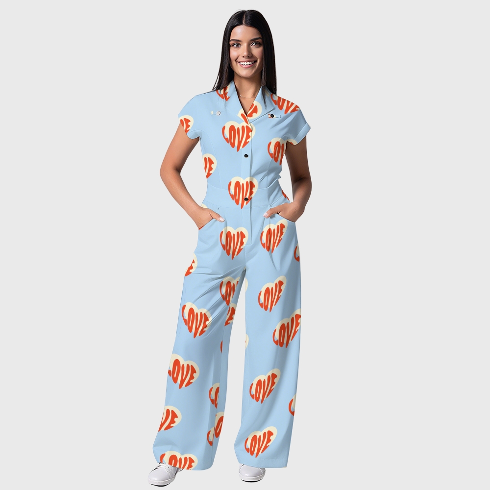 Women's Wide-Leg True Love Printed Scrub Jumpsuit JH04