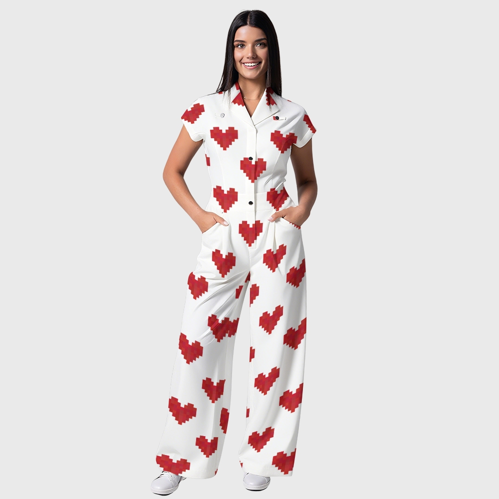 Women's Wide-Leg Red Digital Hearts Printed Scrub Jumpsuit JH05