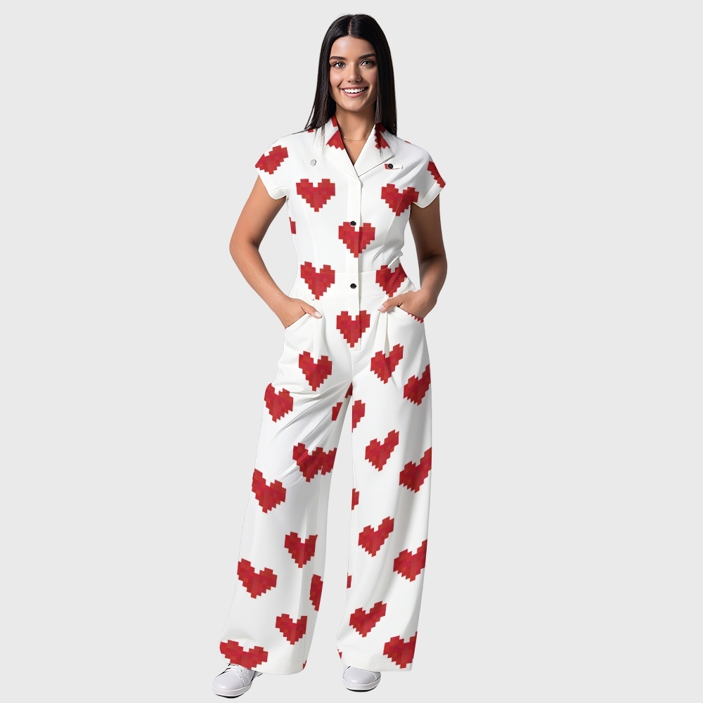 Women's Wide-Leg Red Digital Hearts Printed Scrub Jumpsuit JH05