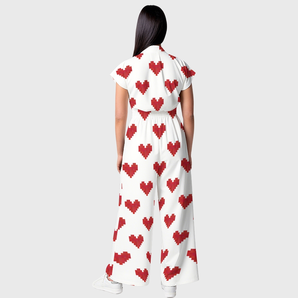 Women's Wide-Leg Red Digital Hearts Printed Scrub Jumpsuit JH05