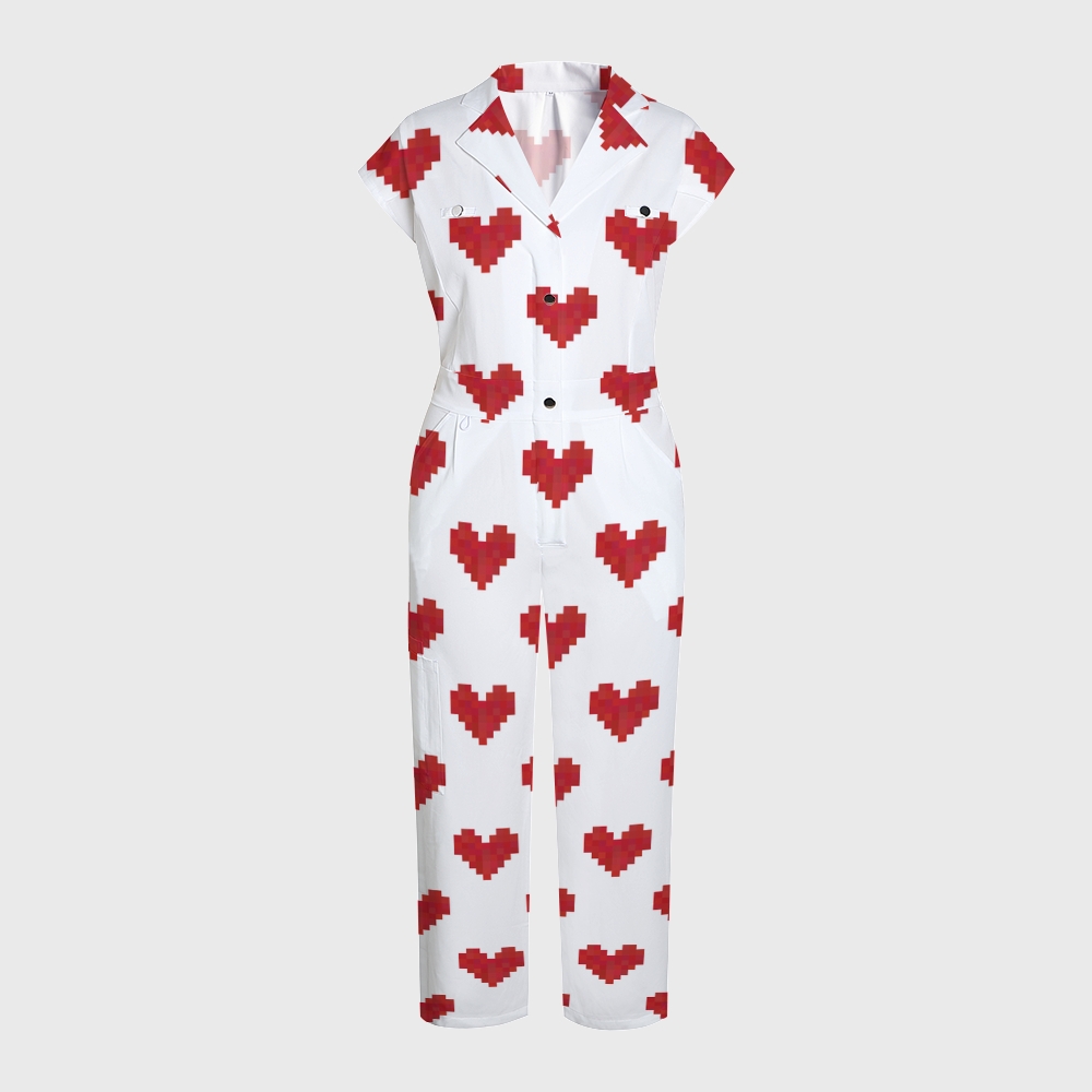 Women's Wide-Leg Red Digital Hearts Printed Scrub Jumpsuit JH05