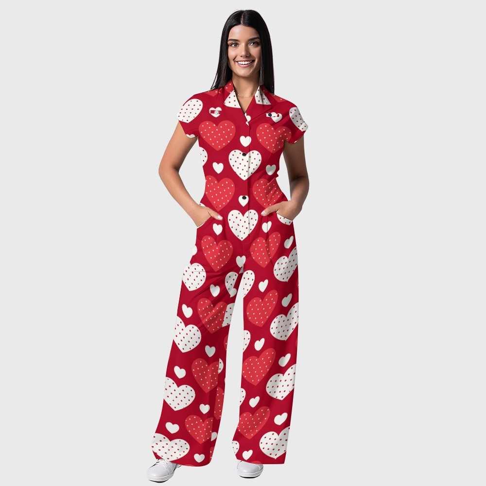 Women's Wide-Leg Colorful Heart Printed Scrub Jumpsuit JH07