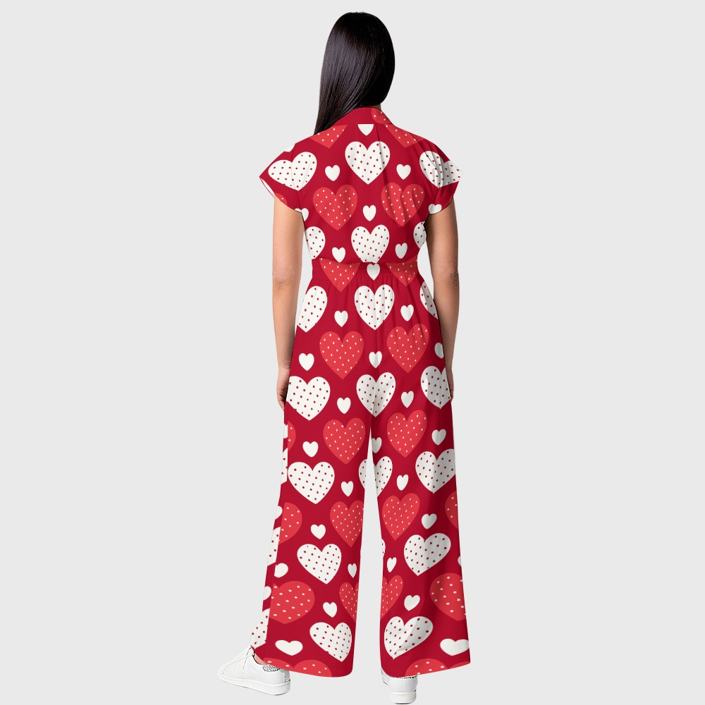 Women's Wide-Leg Colorful Heart Printed Scrub Jumpsuit JH07