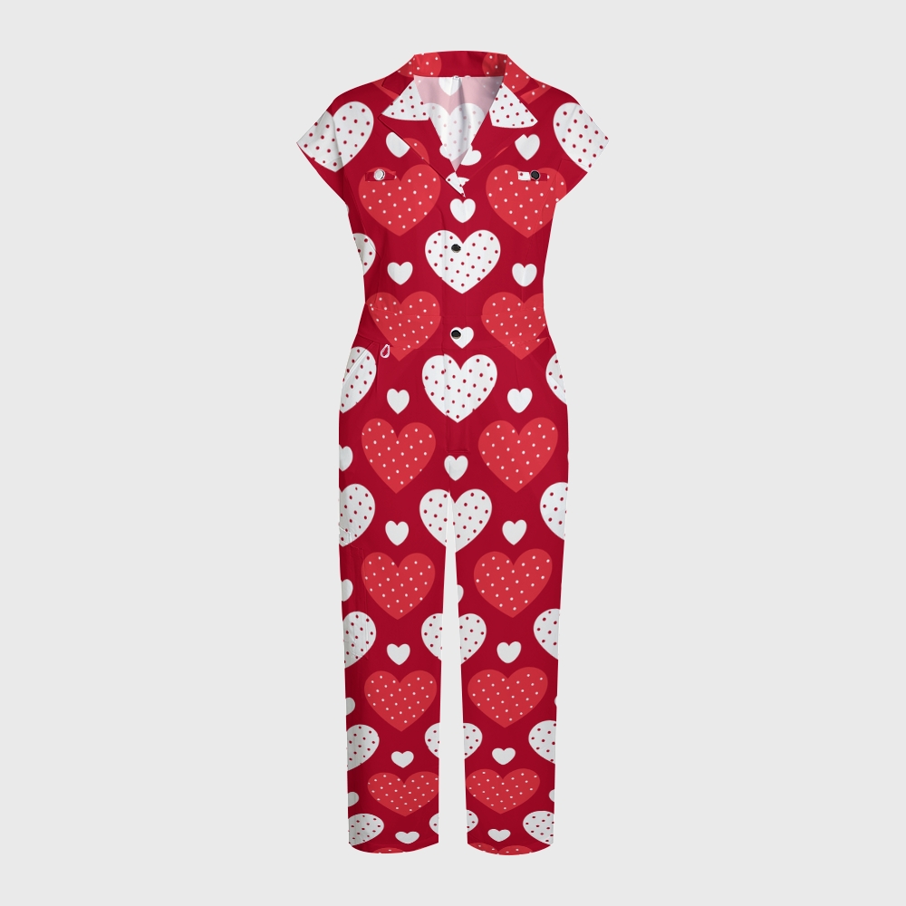 Women's Wide-Leg Colorful Heart Printed Scrub Jumpsuit JH07